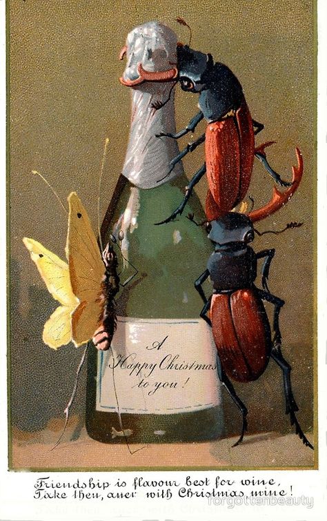 Victorian Christmas Wine and Insects #cards #victorian #weird Weird Christmas, Victorian Christmas Cards, Creepy Christmas, Illustration Vintage, Arte Inspo, Christmas Wine, Victorian Christmas, Christmas Postcard, Vintage Greeting Cards