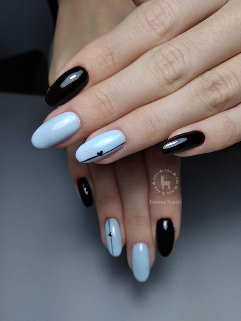 Simple Black And Blue Nails, Light Blue Nails With Black Design, Black And Blue Wedding Nails, Blue And Black Nails Designs Simple, Black Blue Nail Designs, Nail Designs Blue And Black, Mxtx Nails, Nail Ideas Blue And Black, Blue Black Nails Design