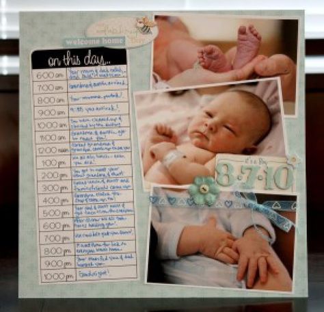 Are you needing to get started on some memory keeping of your child in the baby/newborn stages, but need  a little inspiration of  where to begin?  These 8 layout ideas are great for preserving you… Story Timeline, Project Life Baby, Scrapbook Bebe, Baby Scrapbook Pages, Scrapbooking Layouts Baby, Baby Layouts, Baby Boy Scrapbook, Birth Story