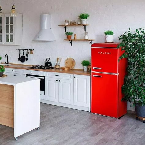 11 Small Fridges to Complement Your Small Kitchen | Hunker Galanz Retro Fridge, Retro Refrigerator, Appliance Cabinet, Door Fridge, Retro Fridge, Door Handles Interior, Small Fridges, Modern Appliances, Compact Refrigerator