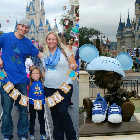 Disney gender reveal Disneyland Gender Reveal, Disneyland Reveal, Disney World Gender Reveal, Gender Reveal At Disney World, Disneyland Pregnancy Announcement, Disney Pregnancy Reveal, Disney Baby Announcement, Disney Pregnancy Announcement, Disney Gender Reveal