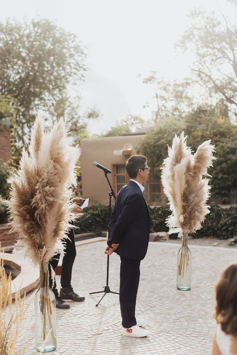 Pampas Grass Alter, Pampas Grass Wedding Decor Isle, Balcony Wedding Ceremony, Pampas Grass Wedding Reception, Pampas Grass Centerpiece Wedding Ideas, Pampas Grass Wedding Ceremony, Pampas Grass Ceremony, Minimalist Boho Wedding, Wedding Ceremony Decorations Indoor