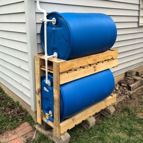 Double barrel rain catch system Double Rain Barrel System, Rain Water Collection Diy, Rain Barrel System, Barrels Diy, Water Collection System, Rainwater Collection, Water Catchment, Water From Air, Rain Barrels