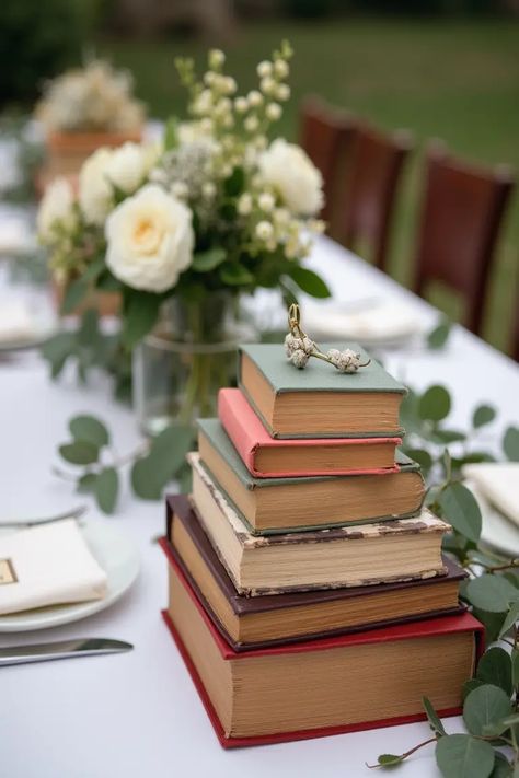 22 Rustic Wedding Centerpieces That'll Make Your Tables Pop Nerd Wedding Centerpieces, Book Centrepiece Wedding, Books Table Decor, Antique Wedding Decorations, Vintage Book Centerpiece, Vintage Wedding Themes, Wedding Get Ready, Seashell Centerpieces, Wedding Secrets