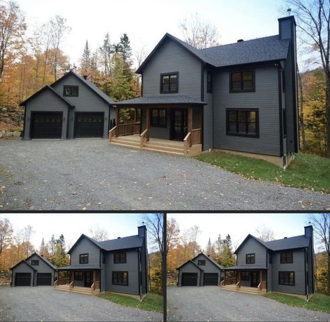 This beautiful house is beyond... - Amazing House Plan Gray Sided Houses, Dark House Black Windows, Dark Grey Houses With Black Trim, Charcoal Siding Black Trim, Black And Gray Exterior House, Dark Gray House Black Trim, Dark Grey Houses Exterior, Grey Siding With Black Trim, Dark Gray House With Black Trim