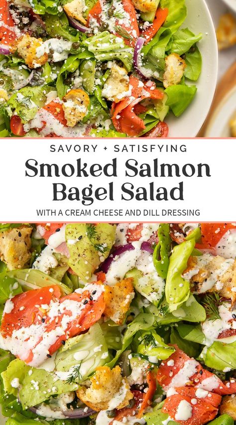 This smoked salmon salad takes its inspiration from a loaded "everything" bagel! With delicious bagel croutons, a cream cheese-dill dressing, red onions, tomatoes, capers, and, of course, plenty of smoked salmon, this salad has all the flavors you love from the beloved bagel. Salad Smoked Salmon, Salmon Goat Cheese Salad, Smoked Salmon Uses, Cucumber Smoked Salmon Salad, Cold Smoked Salmon Recipes, Smoked Salmon Lunch, Everything Bagel Salad, Lox Salad, Bagel Croutons