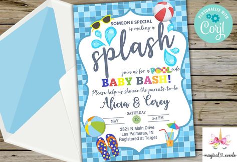 Buy Summer Pool Baby Shower Invitation, Pool Summer Baby Shower Invite, Digital Printable, Someone is Making a Splash, Baby Bash, Corjl Editable Online in India - Etsy Summer Baby Shower Invitations, Baby Shower Candy Bar, Baby Bash, Baby Shower Game Cards, Splash Pool, Summer Baby Shower, Water Party, Baby Shower Invite, Summer Pool