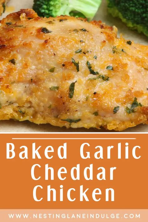 Baked Garlic Cheddar Chicken recipe. With a perfectly seasoned and cheesy exterior, each tender boneless, skinless chicken breast is coated in a savory blend of minced garlic, sharp cheddar cheese, and crispy breadcrumbs. Once baked to juicy perfection, this flavorful meal is sure to satisfy even the pickiest eaters. Serve alongside your favorite sides and enjoy a comforting and tasty dinner that's both quick and easy to make. Crispy Chicken Cheddar Bake, Recipes For Dinner Chicken Breast, Dinner Ideas With Boneless Chicken, Baked Chicken Recipes Cheese, Chicken Recipes For Dinner Air Fryer, Garlic Cheddar Chicken Bake, Garlic Butter Cheddar Chicken, Baked Garlic Cheddar Chicken, Cheesy Garlic Baked Chicken