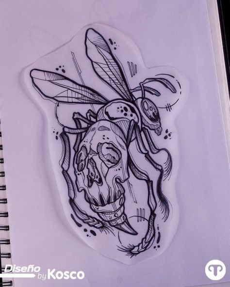 Gothic Insect Tattoo, Creepy Beetle Tattoo, Scary Insect Drawing, Bee With Skull Tattoo, Cute Wasp Drawing, Zombie Animals Drawing, Gothic Bug Tattoo, Skull Bee Tattoo, Spooky Animal Tattoos