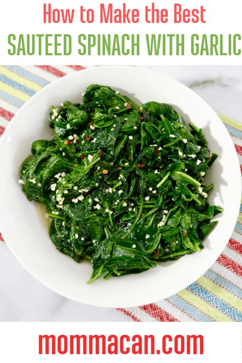 Sauteed Garlic Spinach is an easy dinner side dish full of vitamin goodness . Vegan friendly, gluten-free and so yummy!  Make some for your next family meal! Easy Dinner Side Dishes, Cook Fresh Spinach, Mom Crafts, Garlic Spinach, Salt And Pepper Chicken, Spinach Recipe, Leaf Vegetable, Dinner Side, Dinner Side Dishes