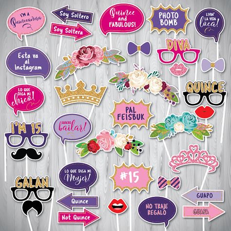 While going through quinceañera party supplies we came across these fun photo booth props that will definitely put a smile on everyone's face.Create unforgettable memories by having your guests pose and play around with wonderfulquinceañera photo booth props. See more party ideas and share yours at CatchMyParty.com #catchmyparty #partyideas #quinceanera #quinceanerapartysupplies #quinceaneraparty #15thbirthday #girlbirthdayparty #latina Birthday Props Ideas, Shadi Props, Quinceanera Photo Booth, Birthday Party Photo Booth, Photo Booth Props Birthday, Haldi Decoration, Photo Booth Ideas, Props Ideas, Party Photo Booth Props