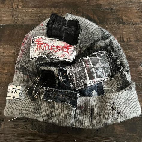 🌐TRIPLE3RD🌐 •+AngelicTimes02+• {SOLD} Custom Upcycled 1/1 Beanie Scrap patchwork all over this hat with graphic patches from: Ichi the Killer, our new logo, Psycho Pass, & a 35mm snapshot I took. Metallic & black, white, red paint detailing. Triple gunmetal studs fixed on Kakihara patch. Pins added for security. Scrap leather patch at backside. Handmade tag🏷️ All orders come with stickers and care instructions! Tag me if you take any pics❤️‍��🔥 Dm to tap into custom work🫡 ___________________... Alternative Fashion Diy, Ichi The Killer, Scrap Patchwork, Hats Style, Medieval Tattoo, Handmade Patch, Fits Aesthetic, Hat Ideas, Upcycled Fashion