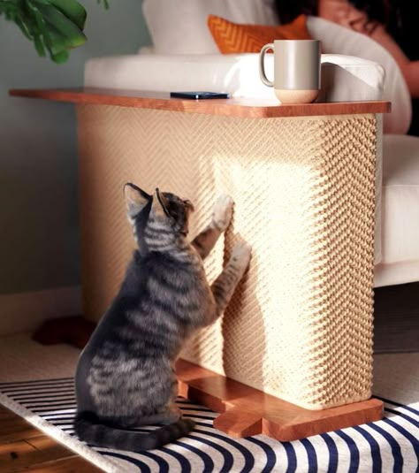 This is more than just a scratching post. Read on to find out how the Cat-e-Corner is redefining cat furniture. Cat Sofa Protector, Cat Room Interior Design, Cat Scratcher For Couch, Cat Scratcher Side Table, Protect Sofa From Cat, Cat Furniture Protectors, Cats Living Room, Home With Cats Decor, Home Stuff Decor