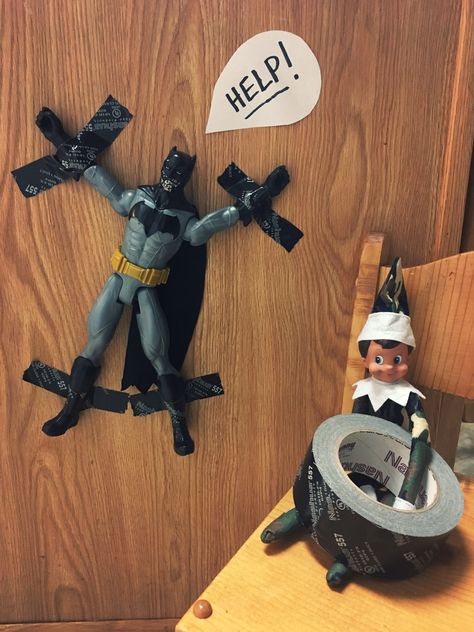 Elf on the shelf vs. Batman Elf On The Shelf Superhero Ideas, Elf On Shelf Construction, Batman Elf On The Shelf, Elf On A Shelf Ideas Funny, Elf On The Shelf Army Men, Spiderman And Elf On The Shelf, Elf On The Shelf Pet Ideas, Wwe Elf On The Shelf, Elf On The Shelf Easy