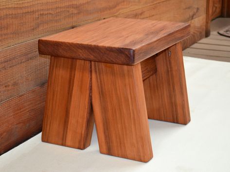 Redwood Foot Stool, Stable Stool with Flared-Leg Design Wooden Chair Plans, Wood Step Stool, Wooden Step Stool, Wooden Stool, Small Stool, Floating Shelves Diy, Scrap Wood Projects, Wood Stool, Stool Design