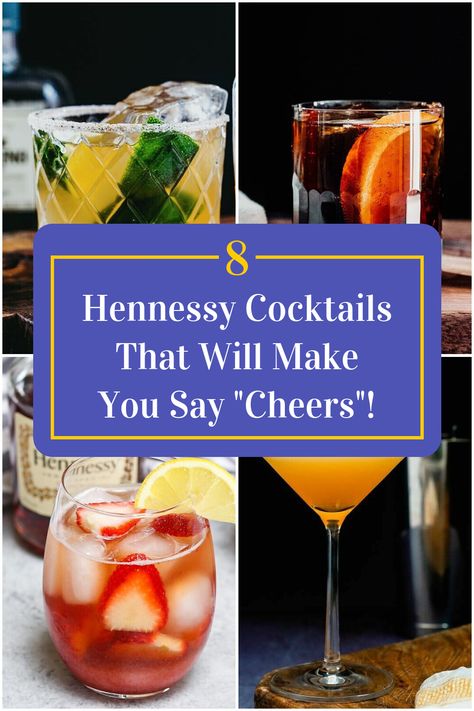 Collage of 4 hennessy cocktails. Pure White Hennessy Cocktails, Hennessy Cocktails Recipes, Drinks With Hennessy, Hennessy Drinks Recipes, Hennessy Mixed Drinks, Henny Drinks, Hennessy Cocktails, Hennessy Drinks, Mixed Drink Recipes