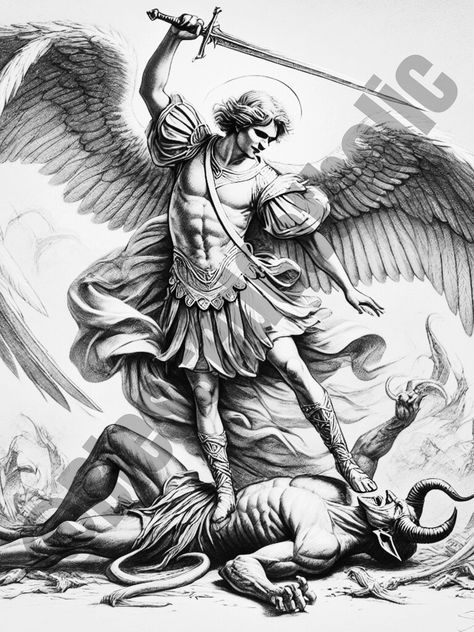 Saint Michael the Archangel Black & White Sketch Digital Downloadable Art  Enjoy our exclusive Blessed Catholic Saint Michael the Archangel black & white digital artwork, perfect for personal devotion or display. Each high-resolution digital download includes one meticulously detailed image, presented in three distinct variations, each with a unique and captivating filter. Upon purchase, the watermark will be removed, ensuring you receive a pristine image ready for use. Please note, this listing Archangel Michael Drawing, Saint Michael Drawing, St Michael The Archangel Tattoo, Saint Michael Angel, St Michael Tattoo, Archangel Tattoo, Saint Michael The Archangel, Michael Archangel, Sketch Digital