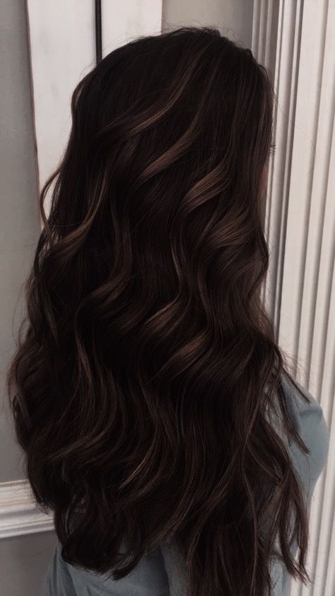 Vibrant Dark Brown Hair, Expresso Brown Hair With Highlights, Dark Brown With Chocolate Highlights, Half Highlights Black Hair, Ebony Hair Color, Dark Expresso Brown Hair, Dark Brunette Hair With Highlights Low Lights, Long Dark Brown Hair With Lowlights, Dark Hair Color Ideas One Color