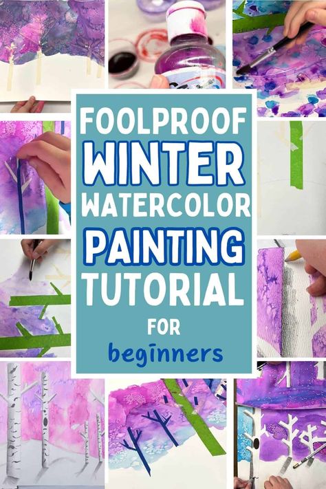 This watercolor painting tutorial will show you how to create a fun wintery scene. Your birch tree landscape paintings are a great kid watercolor painting idea. Explore some of our favorite watercolor techniques in this awesome upper elementary and middle school landscape art lesson. Winter Art Projects For Middle School, Landscape Art Lessons, Winter Art Lesson, Landscape Painting Tutorial, Winter Art Projects, Winter Landscape Painting, Kids Watercolor, Winter Watercolor, Watercolor Lessons