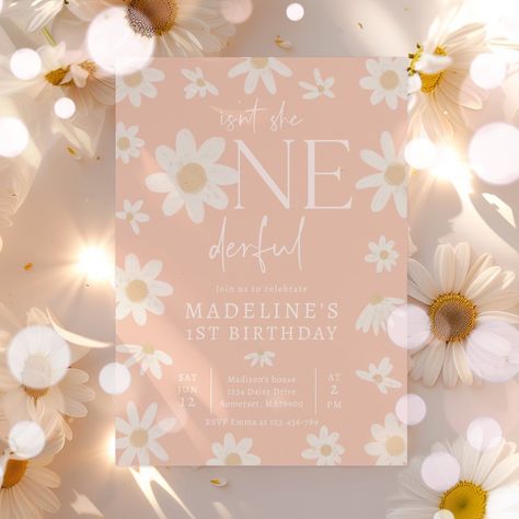 Daisy 1st Birthday Isn't She ONEderful Party Invitation  All designs are © PIXEL PERFECTION PARTY LTD Daisy 1st Birthday Party, Isn't She Onederful, Daisy 1st Birthday, 1st Birthday Party Invitations, Avery Labels, Photo Website, 1st Birthday Invitations, 1st Birthday Party, Some Text