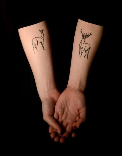 12 Awesome Buck and Doe Tattoo Designs | PetPress Couples Deer Tattoos, Buck Tattoo, Deer Tattoos, Doe Tattoo, Deer Tattoo Designs, Partner Tattoos, Stag Tattoo, Hirsch Tattoo, Best Couple Tattoos