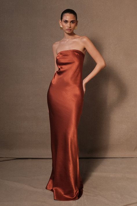 Neutral Satin Bridesmaid Dress, Deep Orange Bridesmaid Dresses, Neutral Dresses Formal, Burnt Orange Bridesmaid Dresses Satin, Burnt Orange Clothes, Burnt Orange Silk Dress, Satin Orange Dress, Burnt Orange Satin Dress, Yacht Party Dress