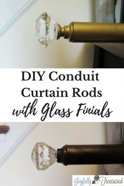 diy conduit curtain rods with glass finials and diy curtain brackets Diy Curtain Brackets, Curtains Bedroom Aesthetic, Glass Finials, Bedroom Ideas Decor, Custom Curtain Rods, Affordable Cabinets, Diy Curtain Rods, Diy Curtain, Finials For Curtain Rods