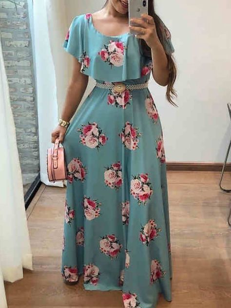 Floral Print Flounce Ruched Maxi Dress Sunday Fashion, White Maxi Dress Boho, Cherry Print Dress, Short Beach Dresses, Lace Dress Casual, Short Dress White, Outfit Simple, Ruched Maxi Dress, Maxi Outfits