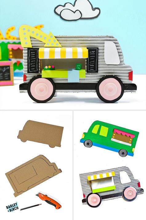 Process pictures showing how to make a mini cardboard food truck craft for kids Food Truck Project Ideas School, Food Truck Diy, Cardboard Food Truck, Diy Food Truck, Food Truck Template, Algebra Projects, Cardboard Food, Stream Ideas, Cardboard City