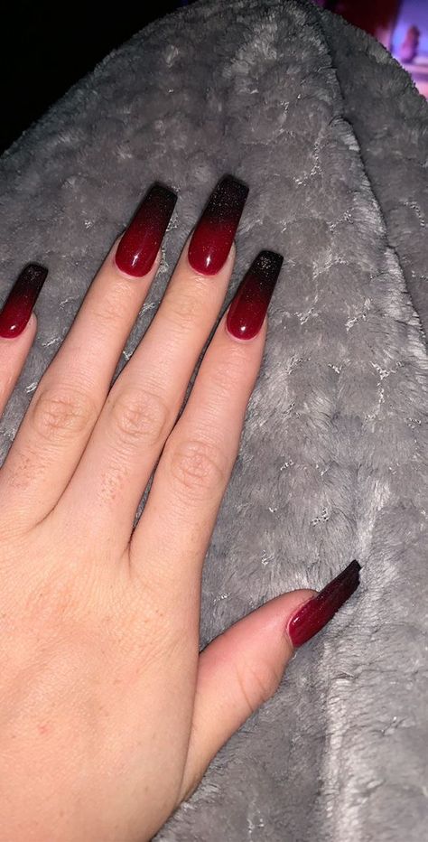 Red Nails And Black Design, Red Ombre Coffin Acrylic Nails, Red Black Ombre Nails Coffin, Red And Black Aesthetic Nails Acrylic, Red To Black Nails Ombre, Red And Black Nails For Hoco, Black And Red Nails Ideas Coffin, Red A D Black Nails, Ombré Red And Black Nails