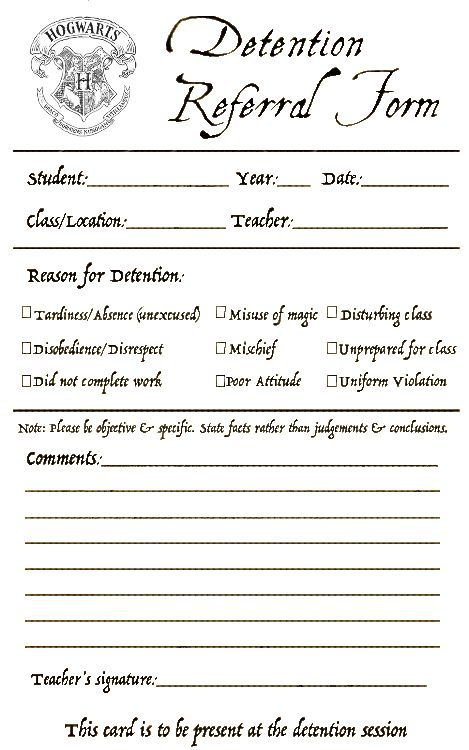 Hogwarts Detention Slip Blank  White background edit for less ink usage  Originally found at: BetterInBronzeAndBlue.Tumblr.com Detention Slip, Hogwarts Detention, Hogwarts Yearbook, Harry Potter Yearbook Quotes, Hogwarts Template, Detention Aesthetic, Hogwarts Notes, Hogwarts Printables, Hogwarts School Schedule