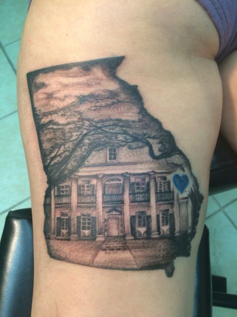 I love how it turned out, from outline of Georgia filled with a old house tattoo. I'm in love. #georgia #tattoo #oldhouse #plantationhouse #south Aquarium Tattoo, Hinesville Georgia, Georgia Tattoo, House Tattoo, Inner Arm Tattoo, Georgia Aquarium, C Tattoo, Georgia Homes, Home Tattoo