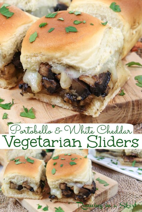 This Vegetarian Sliders recipe with Portobello Mushrooms and White Cheddar Cheese on King's Hawaiian Rolls are perfect for game day, holiday appetizers, lunch, or dinner.  Made with perfectly meaty sauteed mushrooms, melted gooey white cheddar cheese, and warm toasted bread you'll love this versatile vegetarian sandwich is perfect for a crowd any time of year. Vegetarian Sliders, Mushroom Sliders, Sandwiches For A Crowd, Sliders On Hawaiian Rolls, Easy Sandwiches, Sliders Recipes Hawaiian Rolls, Mushroom Sandwich, Hawaiian Roll Sliders, King Hawaiian Rolls