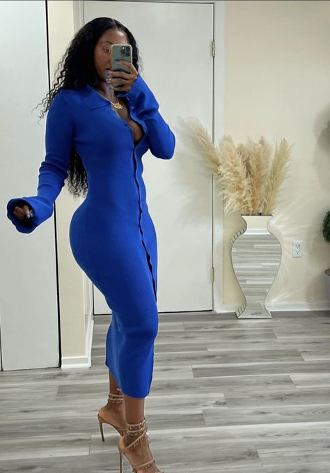 Royal Blue Dress Black Woman, Blue Fitted Bodycon Dress For Brunch, Blue Dinner Outfit Black Women, Blue Long Sleeve Bodycon Dress For Brunch, Blue Brunch Outfit Black Woman, Blue Outfit Black Women, Blue Outfit Aesthetic Black Woman, Church Outfits Black Women, Church Outfit Black Women