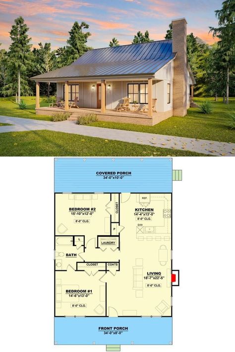 Small Cottage House Plans, Modern Townhouse, 2 Bedroom House Plans, Cottage Home, Farmhouse Cottage, House Blueprints, Country House Plans, Cottage House Plans, Bedroom House Plans