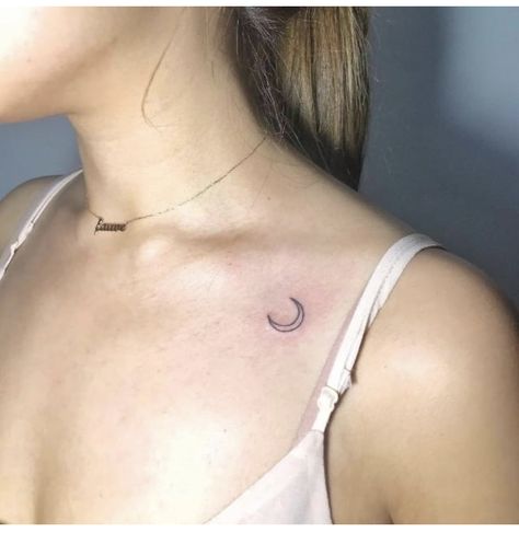 Moon Tattoo Collar Bone, Small Collar Bone Tattoo, Upper Chest Tattoo, Collarbone Tattoo Ideas, Collarbone Tattoos, Moon Sun Tattoo, Collarbone Tattoo, Bone Tattoo, Small Heart Tattoos