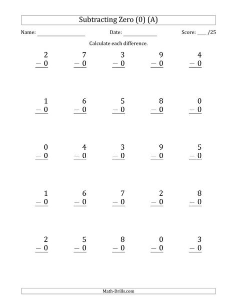 The Subtracting Zero (0) with Differences 0 to 9 (25 Questions) (A) Math Worksheet Subtraction With Zero Worksheet, Grade 1 Subtraction, Subtracting Across Zeros, Subtraction Facts Worksheet, Grade 6 Math Worksheets, Studying At Home, Kindergarten Math Worksheets Addition, Math Fact Worksheets, Fun Math Worksheets