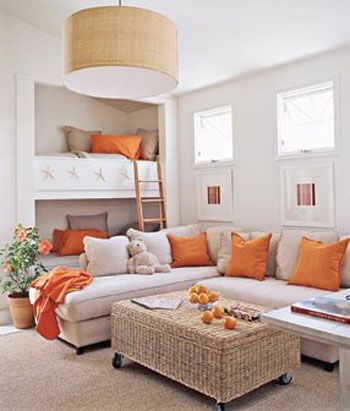 I like how there are oranges on the table to represent the accent. The neutrals are white, tan, and, cream. The accent is orange.. Bunk Beds Built In, Built In Bunks, Bunk Rooms, Diy Couch, Orange Decor, Ocean House, Bunk Room, Happy House, Dorm Room Decor