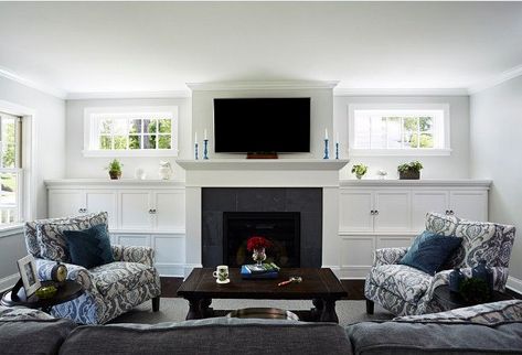 Living Room with windows above fireplace cabinet. #Livingroom #fireplace #Cabinet #windows Anchor Builders. Guest Bedroom Remodel, Small Bedroom Remodel, Basement Furniture, High Windows, Living Room Built Ins, Fireplace Built Ins, Room With Fireplace, Trendy Living Rooms, Transitional Living Rooms