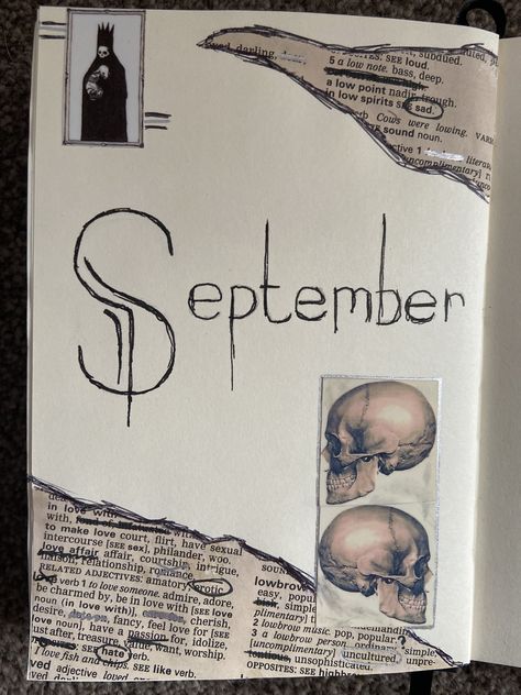 Book Title Design Ideas, Title Page Journal Ideas, Edgy Journal Aesthetic, Emo Journal Pages, Goth Journal Aesthetic, Horror Title Ideas, Art Journal Title Page, Junk Journal Grunge, September Title Page