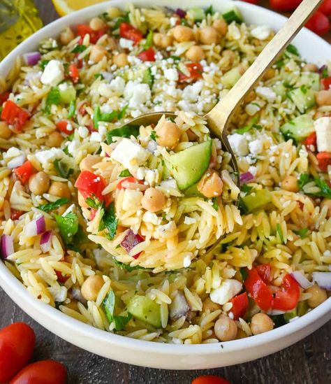 Orzo Salad With Chickpeas, Orzo Chickpea Salad, Orzo Salad With Feta, Chickpea Orzo, Crunchy Veggies, Orzo Salad Recipes, Chicken Caesar Pasta Salad, Orzo Pasta Salad, Salad With Feta