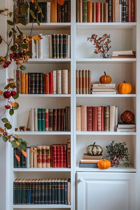 Display Your Books with Thanksgiving Theme Bookcases Fall Bookshelves Decor, Autumn Bookshelf Decor, Bookcase Display Ideas, Autumn Shelf Decor, Bookcase Styling With Books, Fall Bookshelf Decor, Bookcase Aesthetic, Fall Bookshelf, Autumn Living Room Decor