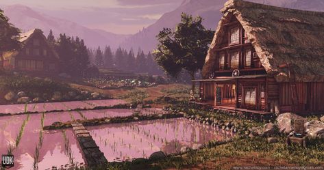 ArtStation - Japanese Farming Village - UDK, Rachel Noy Farming Village, Calming Images, Fantasy Village, Work In Japan, Japanese Village, Ancient Japanese Art, Studio Ghibli Characters, Village Photos, Ancient Village