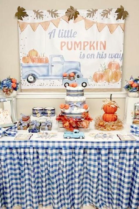 Check out this lovely pumpkin baby shower! Love the dessert table!! See more party ideas and share yours at CatchMyParty.com Fall Boy Baby Shower Themes, Little Pumpkin Boy Baby Shower Ideas, Pumpkin Themed Baby Shower Ideas Boy, Boy Pumpkin Baby Shower Theme, Little Pumpkin Baby Shower Table Decor, Lil Pumpkin Baby Shower Ideas Boy, Fall Baby Shower Table Decor, Pumpkin Baby Shower Theme Boy, Fall Baby Shower Cake For Boys