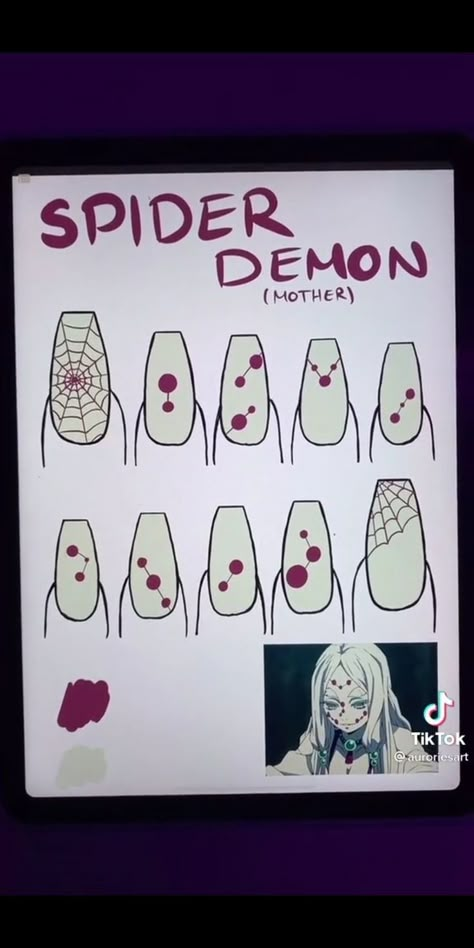 Nails Art Anime, Anime Nails Art, Anime Nail Ideas, Spider Demon, Anime Nail, Fake Nails Designs, Art Guide, Punk Nails, Nail Drawing