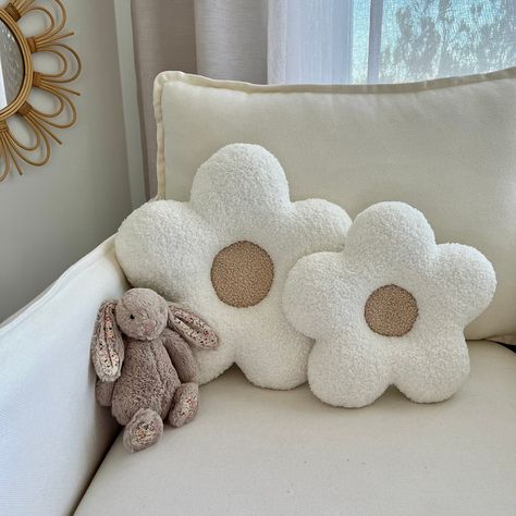 Our handmade Daisy flower cushions are perfect for decorating nurseries, children's rooms, teen rooms or even add a touch of character to your sofa or armchair. They are made from a Teddy fleece fabric which is very on trend with the boucle look, adding a textured feel to any room. The Daisy pillows are super soft and plush and available in a wide range of colours to suit your decor.  Small cushion is approximately 26cm Large cushion is approximately 34cm Cleaning: Spot-clean with warm soapy wat Nursery Sofa, Daisy Cushion, Decorate Nursery, Unique Nursery Decor, Daisy Pillows, Plush Flower, Bed Comforter, White Room Decor, Kids Flooring