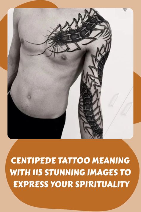 Fascinating meanings behind centipede tattoos, plus 115 beautiful images for spiritual expression 🐛💫 #tattooideas #spiritualsymbolism #centipedeart Arm Centipede Tattoo, Centapides Tattoo, Centepide Tattoo Arm, Centipede Back Tattoo, Cien Pies Tattoo, Tokyo Ghoul Centipede Tattoo, Centipede Tattoos, Gore Tattoo, Centipede Tattoo