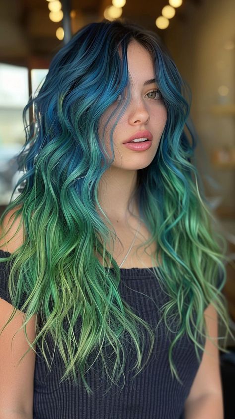 25 Green Ombre Hair Ideas That Will Turn Heads in 2024 Green Eyes Blue Hair, Ombre Hair Color Vivid, Blue To Green Hair, Dark Green To Light Green Hair, Blue To Green Ombre Hair, Turquoise And Green Hair, Blue And Green Hair Ideas, Lived In Vivid Hair, Blue Hair Ombre Brown