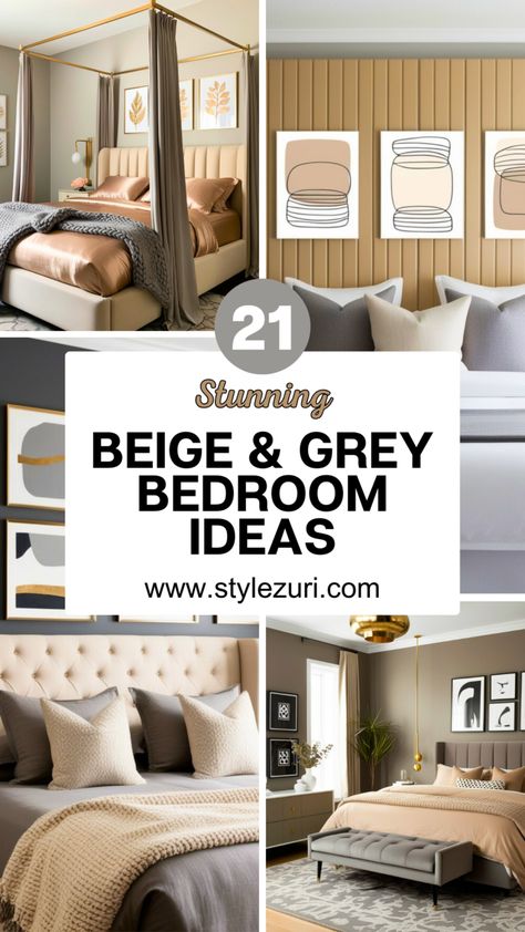 21 Beautiful and Inspiring Beige and Grey Bedroom Ideas for a Dreamy Retreat - Style Zuri Grey And Cream Color Scheme, Beige Bed Grey Walls, Brown Grey Bedroom Ideas, Bedding For A Grey Headboard, Beige Color Bedroom Ideas, Grey Bed Ideas Color Combinations, Grey And Nude Bedroom, Light Grey Headboard Bedroom Ideas Decor, Beige And Grey Bedding