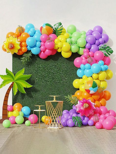 146PCs Tropical Hawaiian Balloon Flower Arch Kit, Pink & Orange Rainbow Balloons W/ Flower, Foil & Beach Ball Balloons Decorations For Summer Luau Beach Pool Party BirthdayI discovered amazing products on SHEIN.com, come check them out! Balloon Flower Arch, Kids Luau Parties, Summer Pool Party Decorations, Kids Luau, Ball Balloons, Beach Ball Birthday, Beach Cupcakes, Luau Decorations, Orange Rainbow